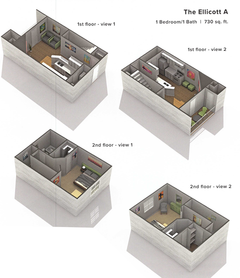 Floor plan for 1 bed, 1 bath, 730 sqft